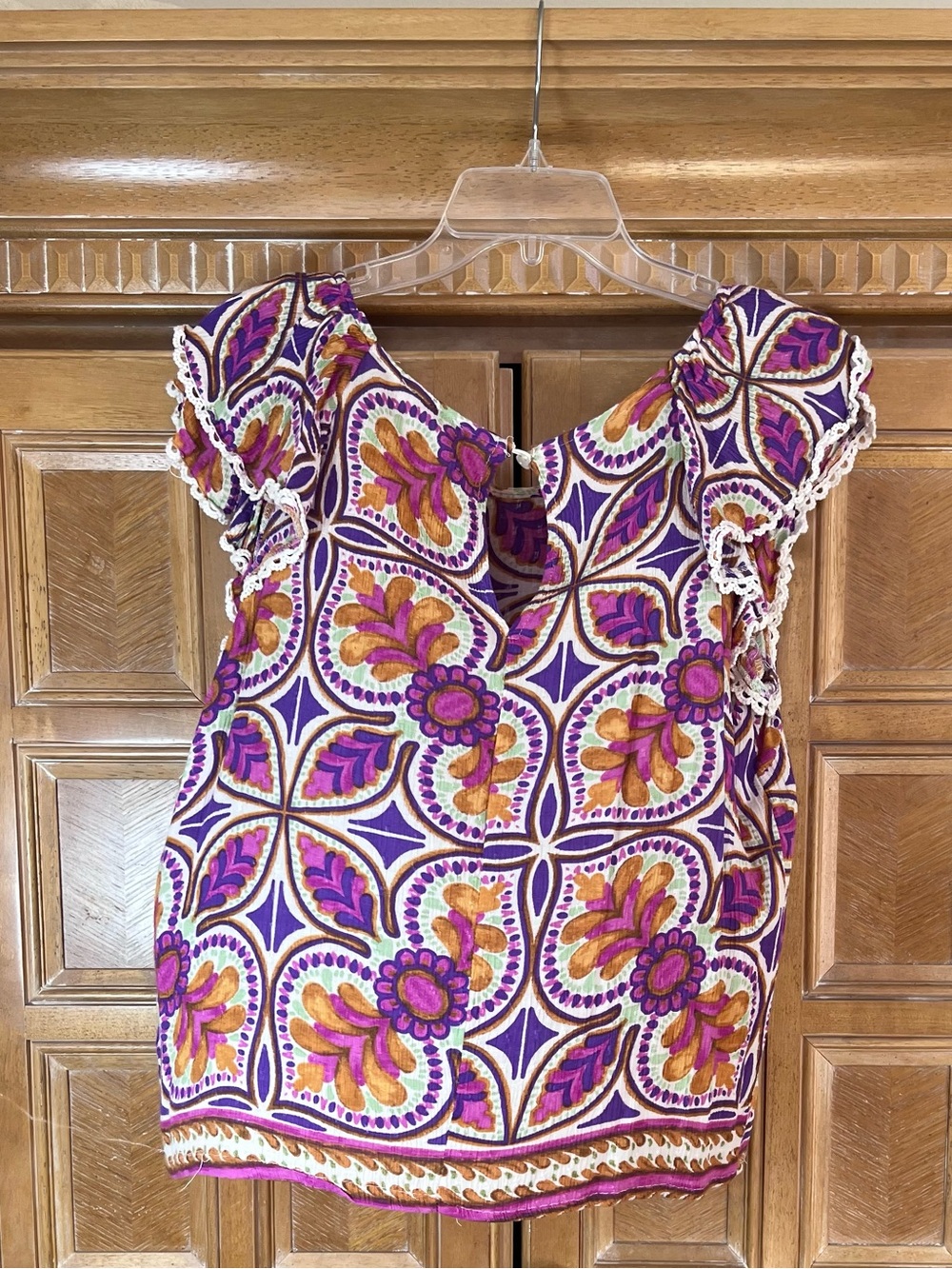 Haute Hippie Women’s Medium Boho Floral Print Top Ruffle Sleeve Crochet Trim